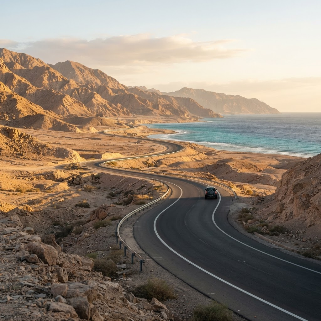A vehicle travelling a scenic South Sinai coastal road toward the Red Sea